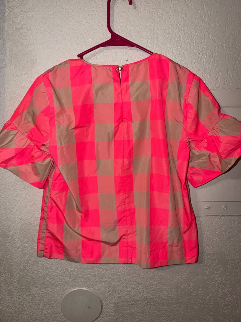 J. Crew Neon Pink and Beige Check Puff-Sleeve Blouse - Picture 4 of 4